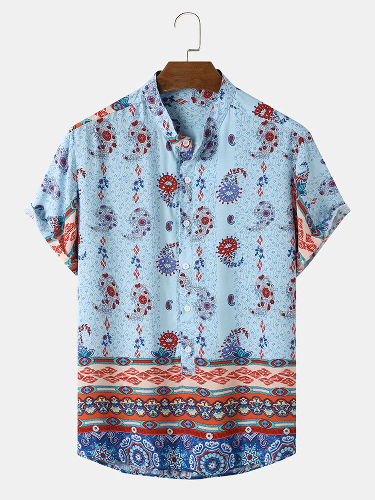 Miesten Etniset Paisley Print Stand Kaulus Lyhythihaiset Henley Paidat