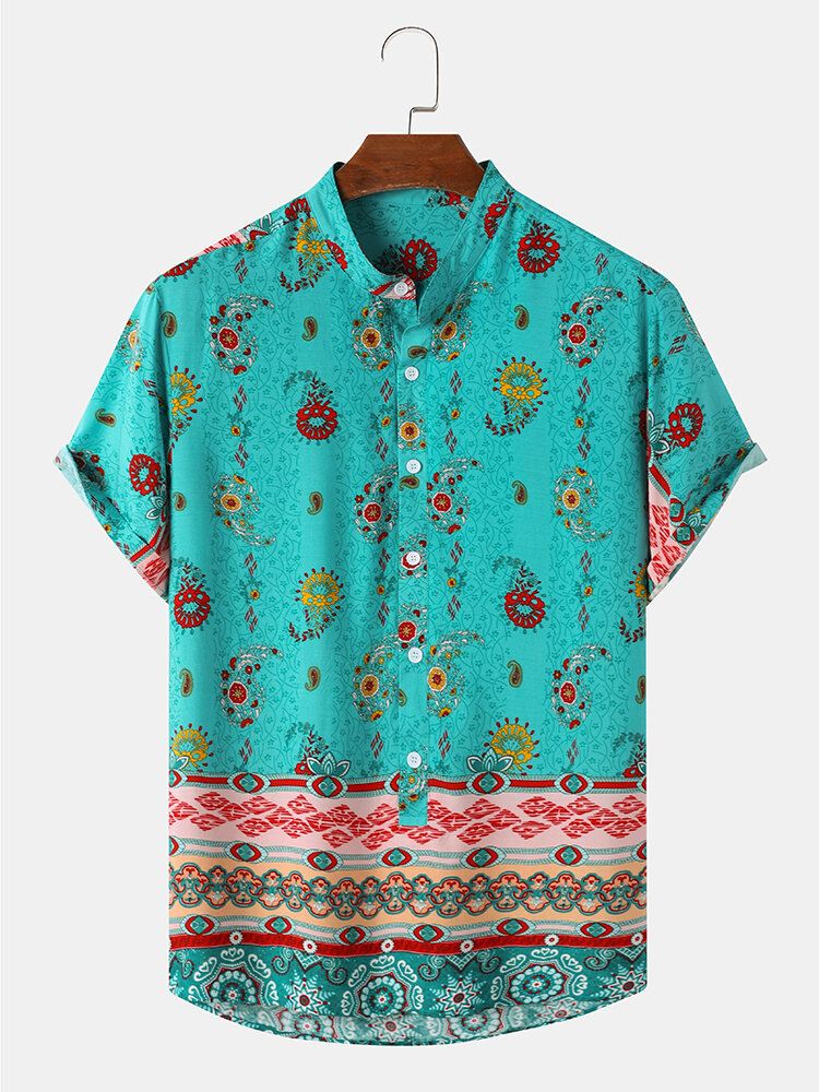 Miesten Etniset Paisley Print Stand Kaulus Lyhythihaiset Henley Paidat