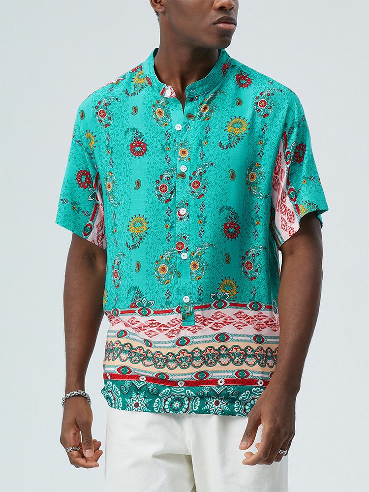Miesten Etniset Paisley Print Stand Kaulus Lyhythihaiset Henley Paidat
