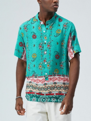 Miesten Etniset Paisley Print Stand Kaulus Lyhythihaiset Henley Paidat