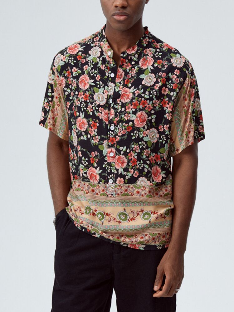 Miesten Vintage Ditsy-kukkakuvioiset Puolinapit Lyhythihaiset Henley-paidat