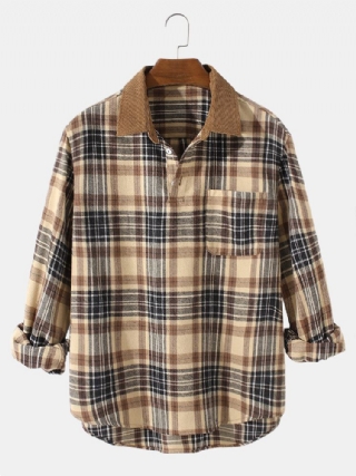 Miesten Vintage-ruudullinen Rento Puuvilla Pitkähihaiset Henley-paidat Taskulla
