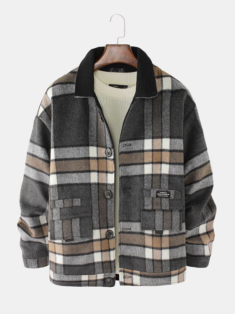Miesten Design Ruudullinen Paksu Pitkähihainen Lämmin Duffle Takki Taskulla