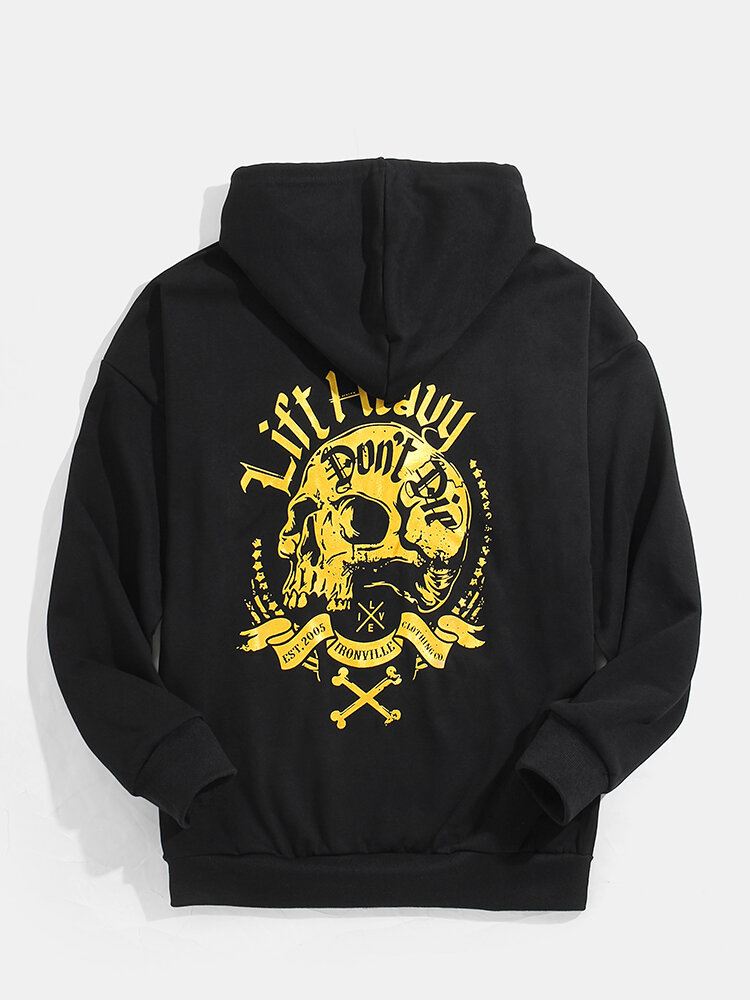 Miesten Design Skull Takaisin Print Kangaroo Pocket Mustat Hupparit