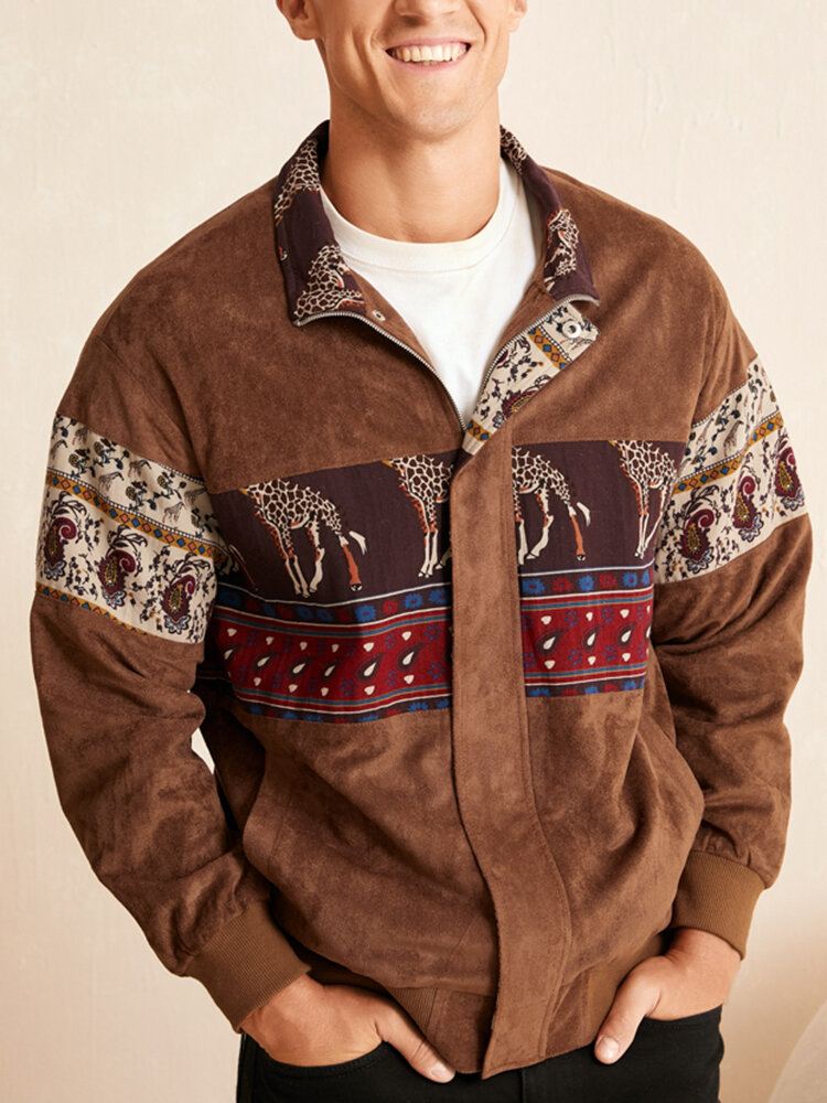 Miesten Etniset Eläimet Paisley Print Patchwork Vetoketju Faux Mokkatakit