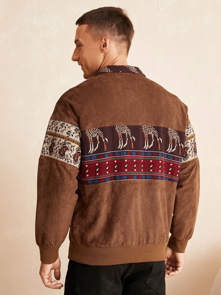 Miesten Etniset Eläimet Paisley Print Patchwork Vetoketju Faux Mokkatakit