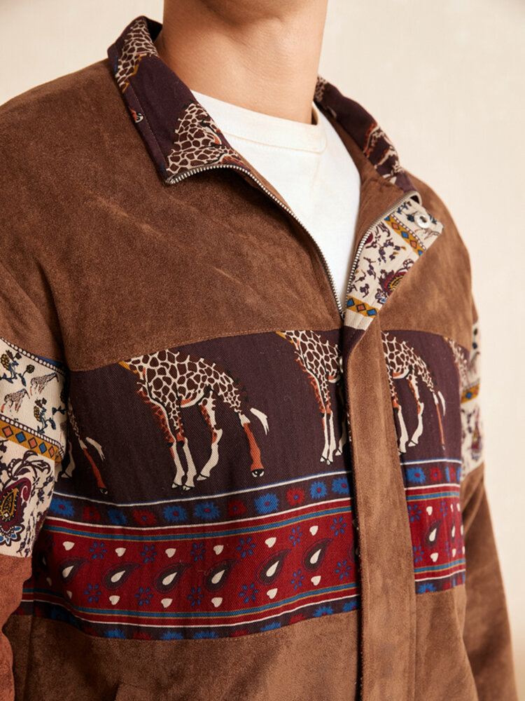 Miesten Etniset Eläimet Paisley Print Patchwork Vetoketju Faux Mokkatakit