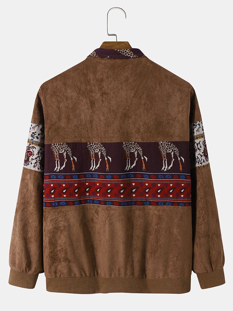 Miesten Etniset Eläimet Paisley Print Patchwork Vetoketju Faux Mokkatakit