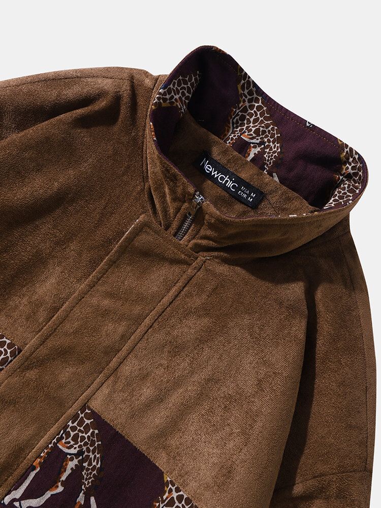 Miesten Etniset Eläimet Paisley Print Patchwork Vetoketju Faux Mokkatakit