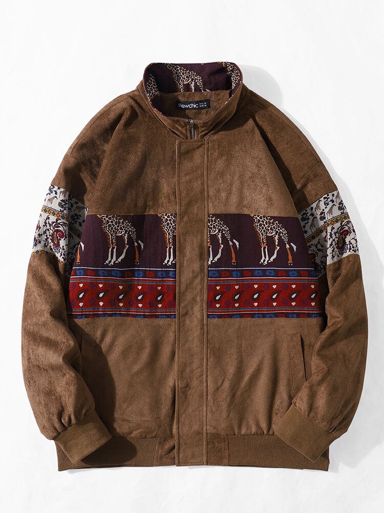 Miesten Etniset Eläimet Paisley Print Patchwork Vetoketju Faux Mokkatakit