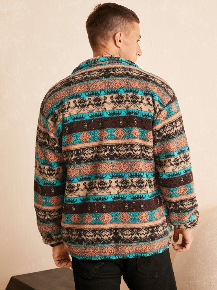 Miesten Etniset Raidalliset Fleece-sivutaskut Vetoketjulliset Kaulustakit