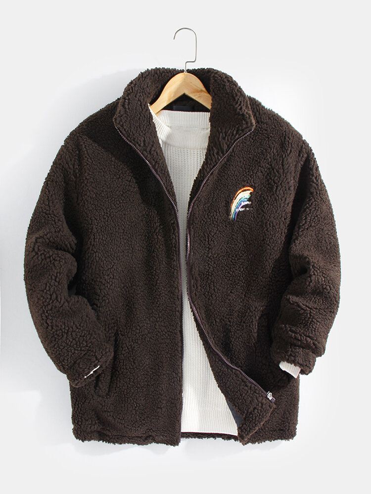 Miesten Letter Rainbow Brodeerattu Vetoketju Edessä Fleece Lämmin Rento Takki