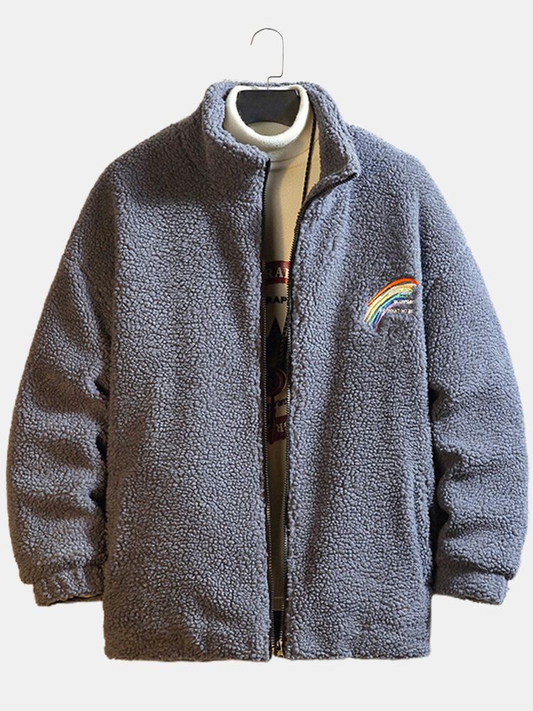 Miesten Letter Rainbow Brodeerattu Vetoketju Edessä Fleece Lämmin Rento Takki