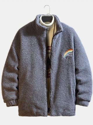 Miesten Letter Rainbow Brodeerattu Vetoketju Edessä Fleece Lämmin Rento Takki