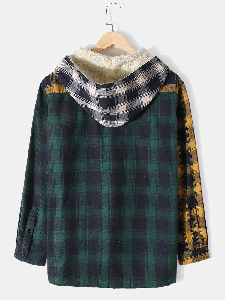 Miesten Patchwork-ruudullinen Lämmin Fleecevuorattu Pitkähihainen Hupullinen Takki