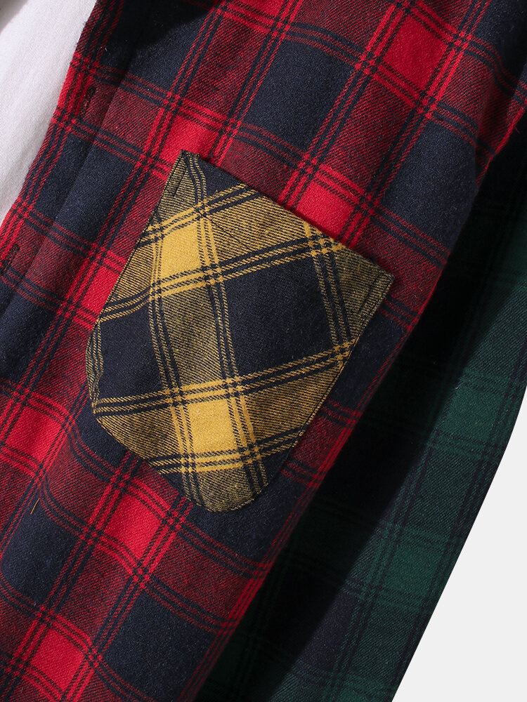Miesten Patchwork-ruudullinen Lämmin Fleecevuorattu Pitkähihainen Hupullinen Takki