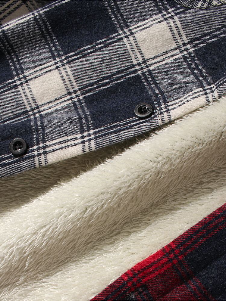 Miesten Patchwork-ruudullinen Lämmin Fleecevuorattu Pitkähihainen Hupullinen Takki