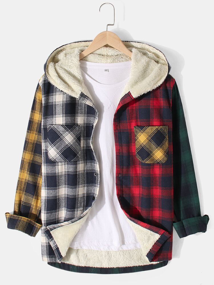 Miesten Patchwork-ruudullinen Lämmin Fleecevuorattu Pitkähihainen Hupullinen Takki