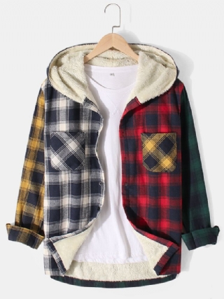 Miesten Patchwork-ruudullinen Lämmin Fleecevuorattu Pitkähihainen Hupullinen Takki