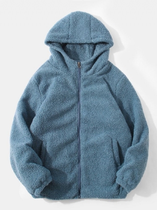 Miesten Yksivärinen Viisto Tasku Vetoketju Lämmin Shearling Yksinkertainen Hupullinen Takki