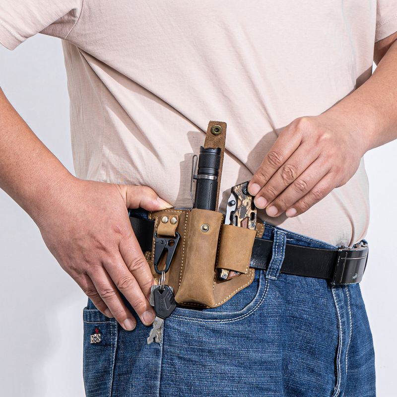 Miesten Aito Nahka Edc Fanny Pack Monitoimityökalu Taskulamppu Avain Taitettava Veitsi Järjestäjä Vyölaukku