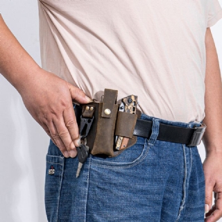 Miesten Aito Nahka Edc Fanny Pack Monitoimityökalu Taskulamppu Avain Taitettava Veitsi Järjestäjä Vyölaukku