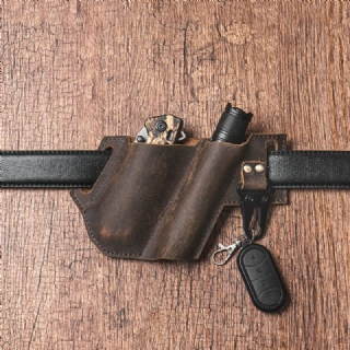 Miesten Aito Nahka Edc Multitool Taskulamppu Avain Taitettava Veitsi Järjestäjä Vyölaukku