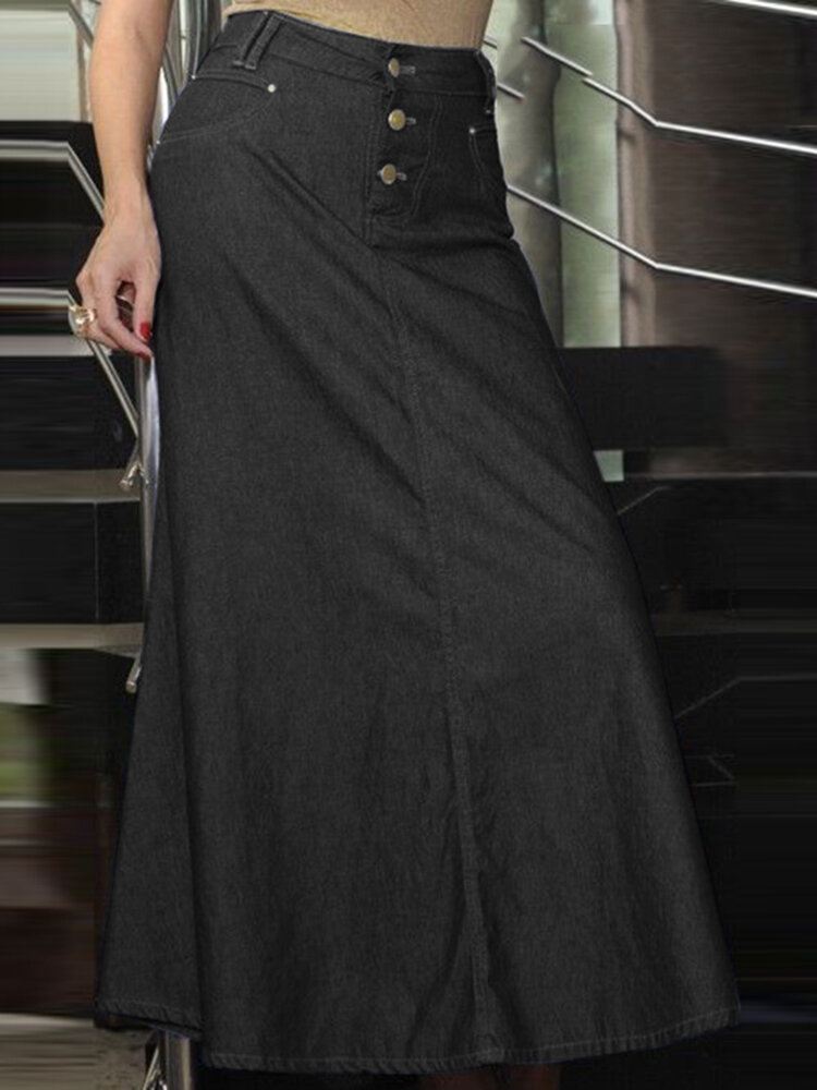 Leisure Button Casual Denim Maxi Hame