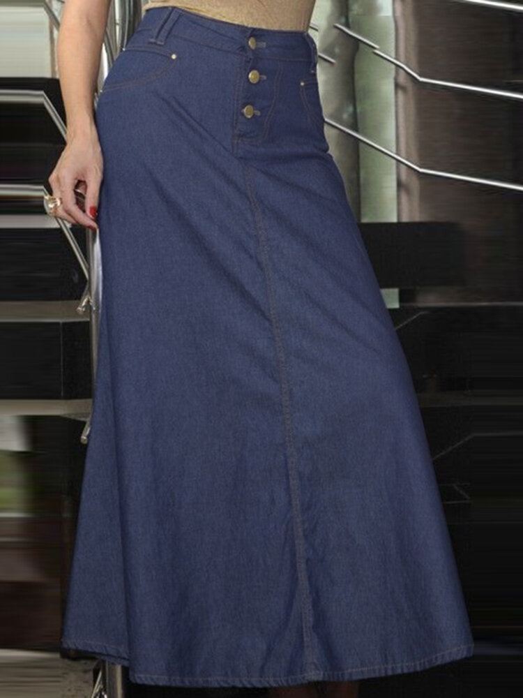 Leisure Button Casual Denim Maxi Hame
