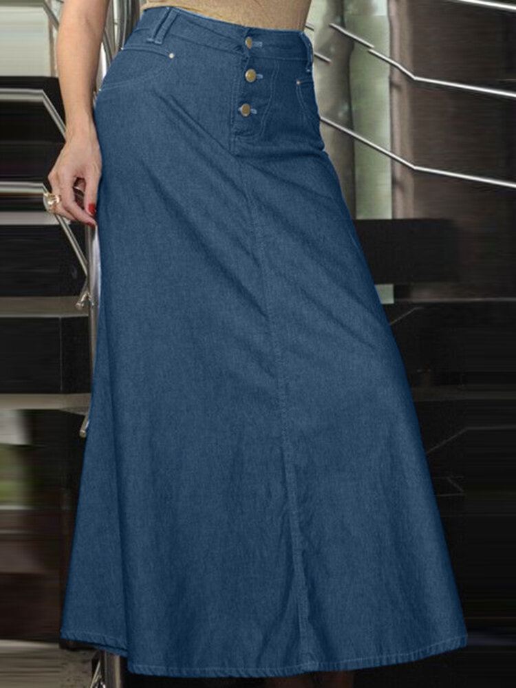 Leisure Button Casual Denim Maxi Hame