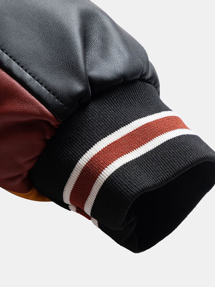 Miesten Colorblock Patchwork Pu-nahkainen Vetoketju Edessä Käännekaulus Paksut Takit