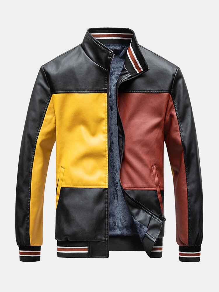 Miesten Colorblock Patchwork Pu-nahkainen Vetoketju Edessä Käännekaulus Paksut Takit