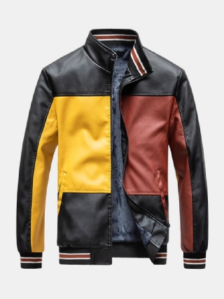 Miesten Colorblock Patchwork Pu-nahkainen Vetoketju Edessä Käännekaulus Paksut Takit