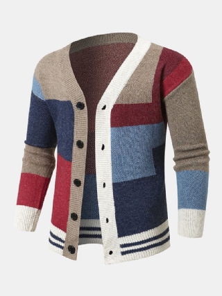 Miesten Neulotut Patchwork Color Block Button V-pääntie Rento Neulepuserot