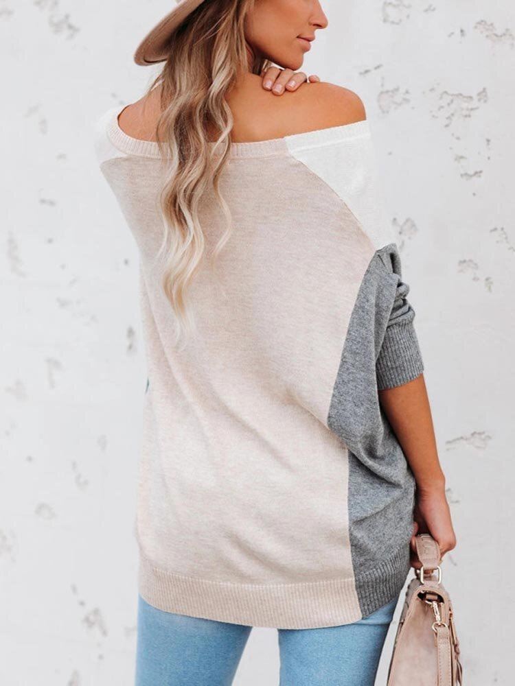 Naisten Patchwork Colorblock Drop Sleeve V-kaula-aukkoinen Löysä Päivittäinen Villapaita