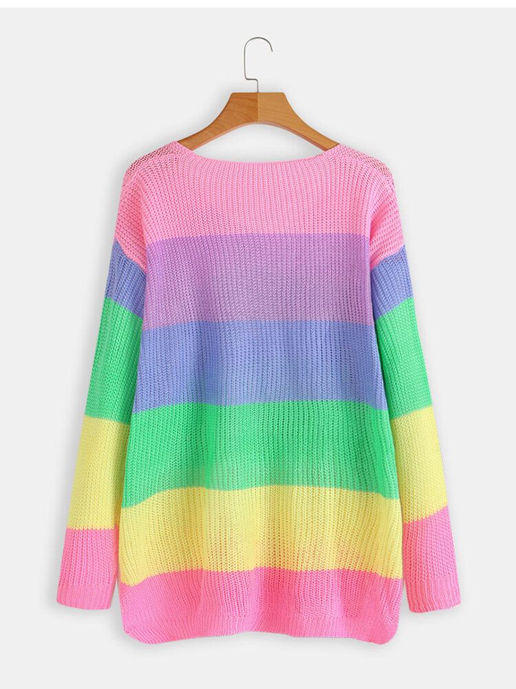 Pitkähihaiset V-aukkoiset Rainbow Stripe-väriset Neulepuserot