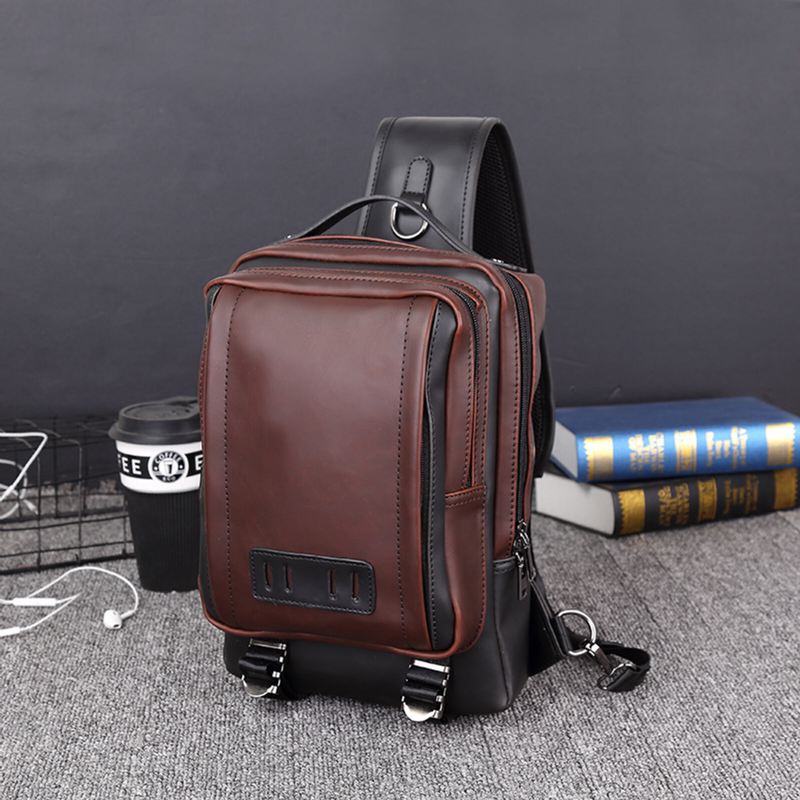 Miesten Pu Nahka Vintage Square Design Vedenpitävä Crossbody Laukku Suuri Tilavuus Monikäyttöinen Rintapussi Yksi Olkalaukku