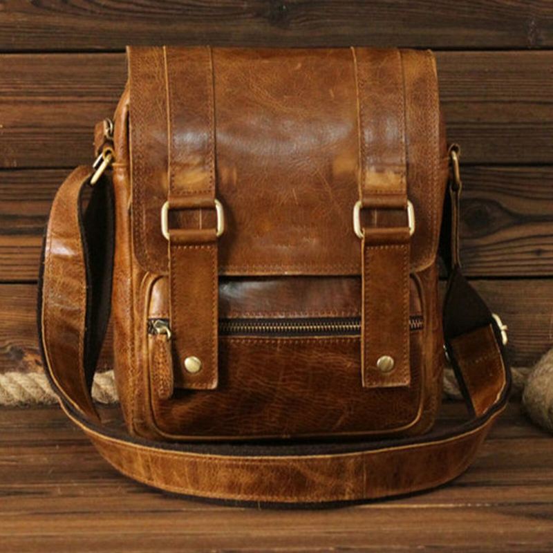 Miesten Tekonahka Vintage-kansi Tikkaus Design Crossbody Bag Daily Business Retro Olkalaukku