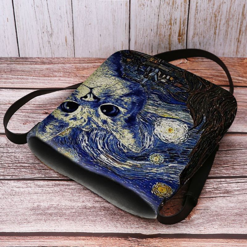 Naiset Tuntuvat Söpöiltä Rento Sarjakuvakissakuvio Tähtikirkkaalla Yöllä Galaksimaalauksilla Crossbody Laukku Olkalaukku