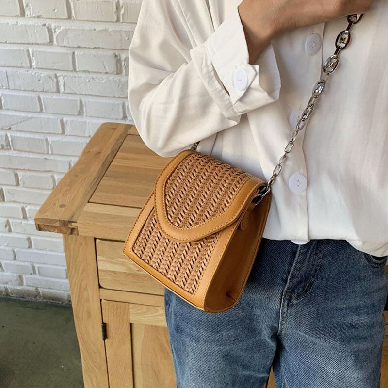 Naisten Kesä Flap Straw Chain Crossbody Laukku Olkalaukku