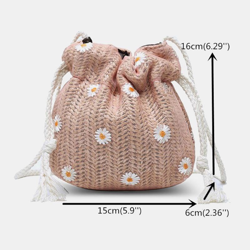 Naisten Olki Daisy Auringonkukkakuvioprintti Rento Pitsilaukku Rantalaukku Bucket Bag Crossbody Bag Käsilaukku
