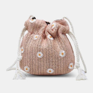 Naisten Olki Daisy Auringonkukkakuvioprintti Rento Pitsilaukku Rantalaukku Bucket Bag Crossbody Bag Käsilaukku