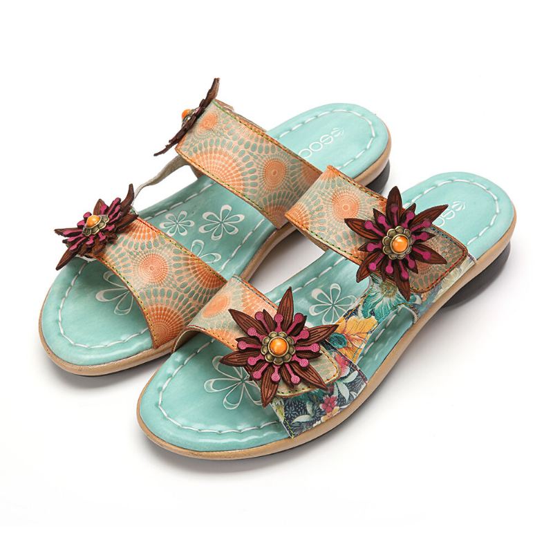 Aitoa Nahkaa Mukavat Halcyon Beach Vacation Bohemian Etniset Kukkakoristeet Slide Sandaalit