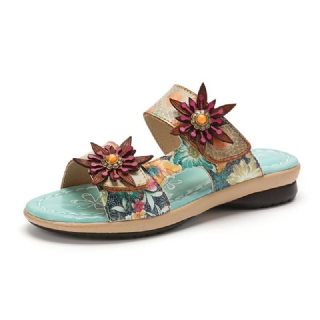 Aitoa Nahkaa Mukavat Halcyon Beach Vacation Bohemian Etniset Kukkakoristeet Slide Sandaalit