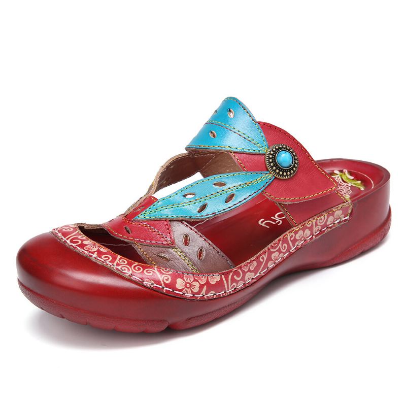 Käsintehty Nahkahelmi Kukkaleikkaus Säädettävä Hihna Slip-on Muulit Puukengät Sandaalit