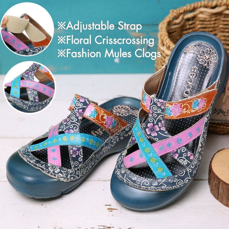 Nahkainen Kukkainen Ristikkäin Kulkeva Säädettävä Hihna Slip-on Muulit Puukengät Litteät Slide Sandaalit