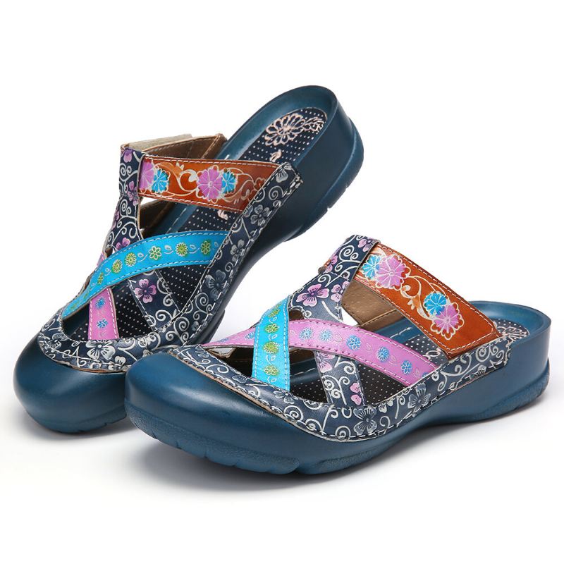 Nahkainen Kukkainen Ristikkäin Kulkeva Säädettävä Hihna Slip-on Muulit Puukengät Litteät Slide Sandaalit