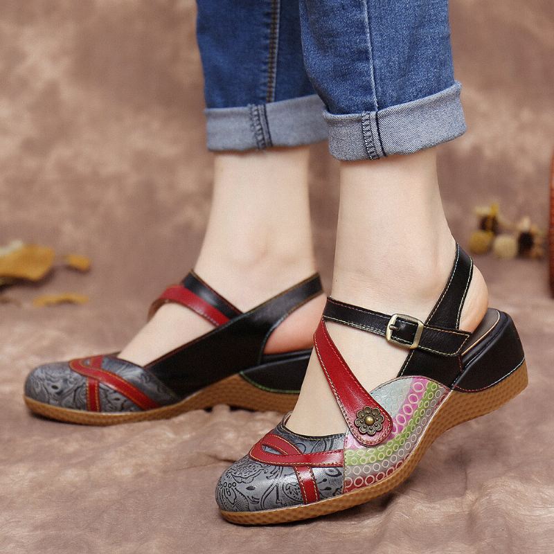 Retro Nahka Maalattu Kukka Koukku Silmukka Slingback Muulit Kiilat Sandaalit
