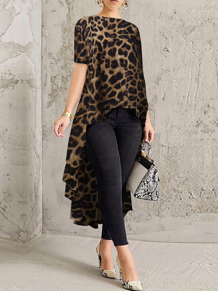 100 % Polyesteri Leopard Print High Low-pusero Naisille