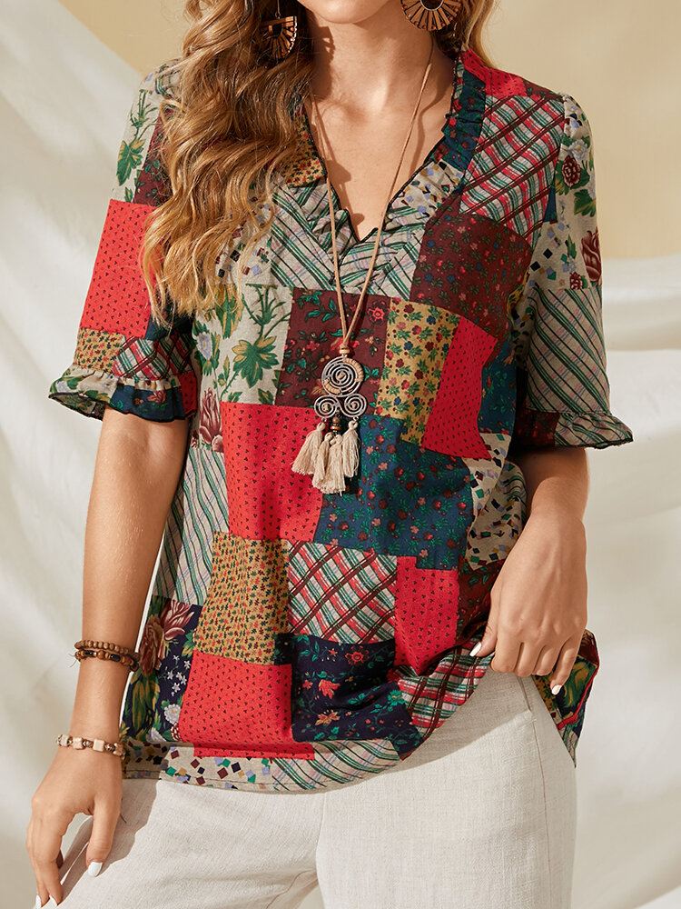 100 % Puuvillaa Patchwork Painettu Rento Pusero Naisille